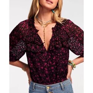 Ramy Brook Sara V-Neck Purple and Black Plumberry Textured Top size XS
